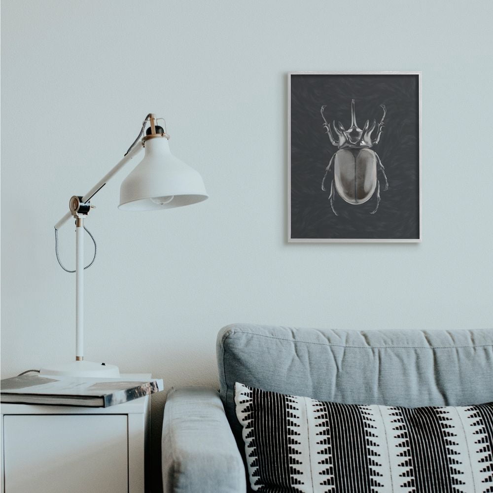 Stupell Industries Horned Beetle Black Reflective Minimal Bug Insect Art Framed Wall Art Design by Ziwei Li, 16" x 20", Gray Framed