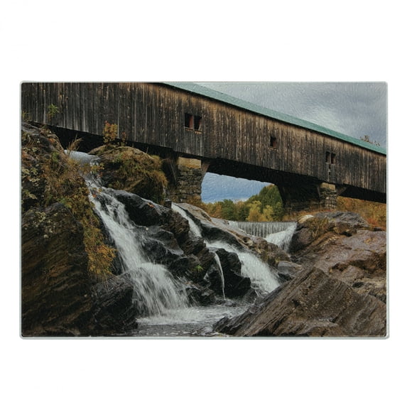 Landscape Cutting Board, Old Rustic Oak Covered Bridge over Cascading Waterfalls Rock Fall Season American City, Decorative Tempered Glass Cutting and Serving Board, Small Size, Brown, by Ambesonne