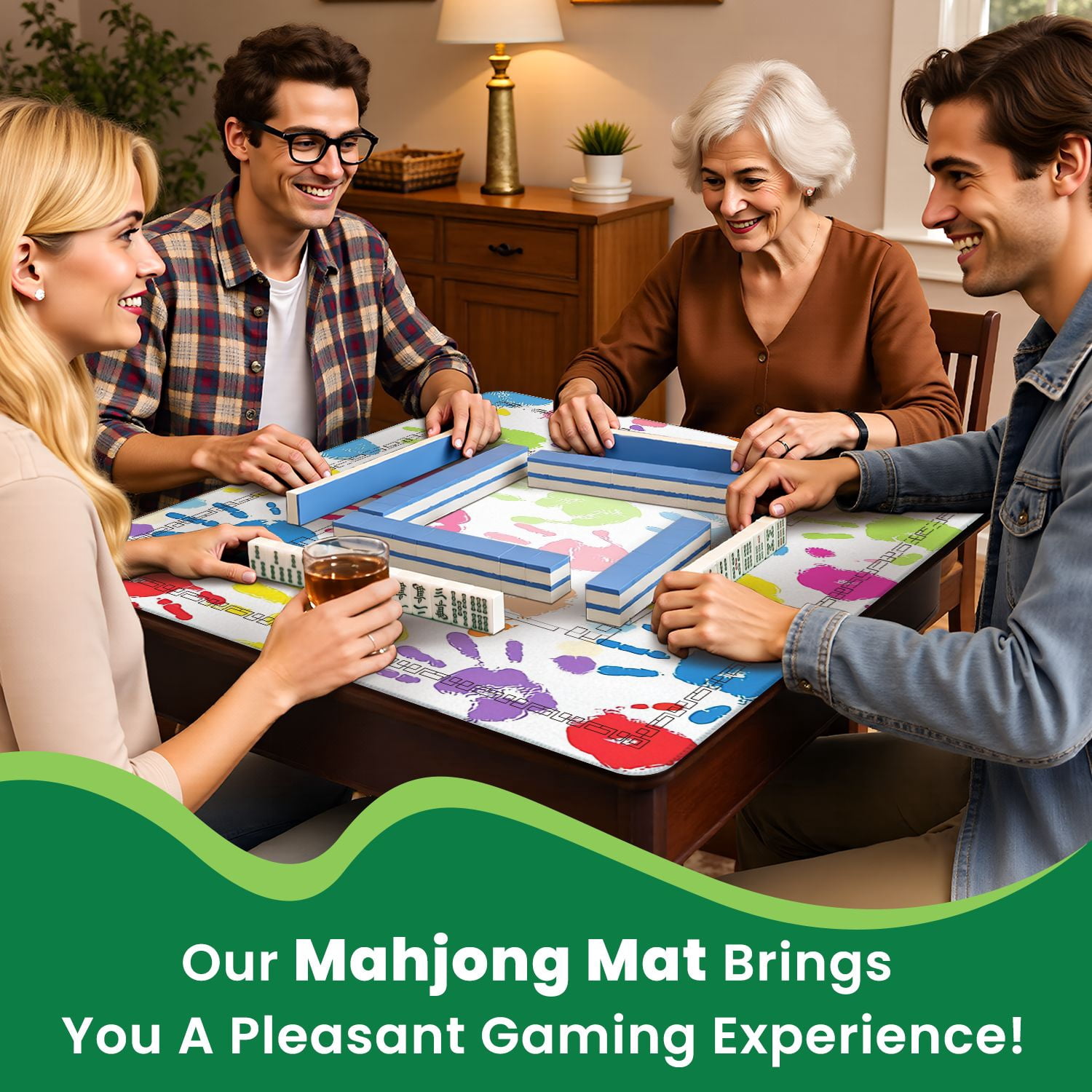 Mahjong Mat 31.5" x 31.5" motherhandprint seamless Non-Slip Noise Reduction American Mahjong Tiles Table Cover for Dominoes Poker Card Board Games Gift