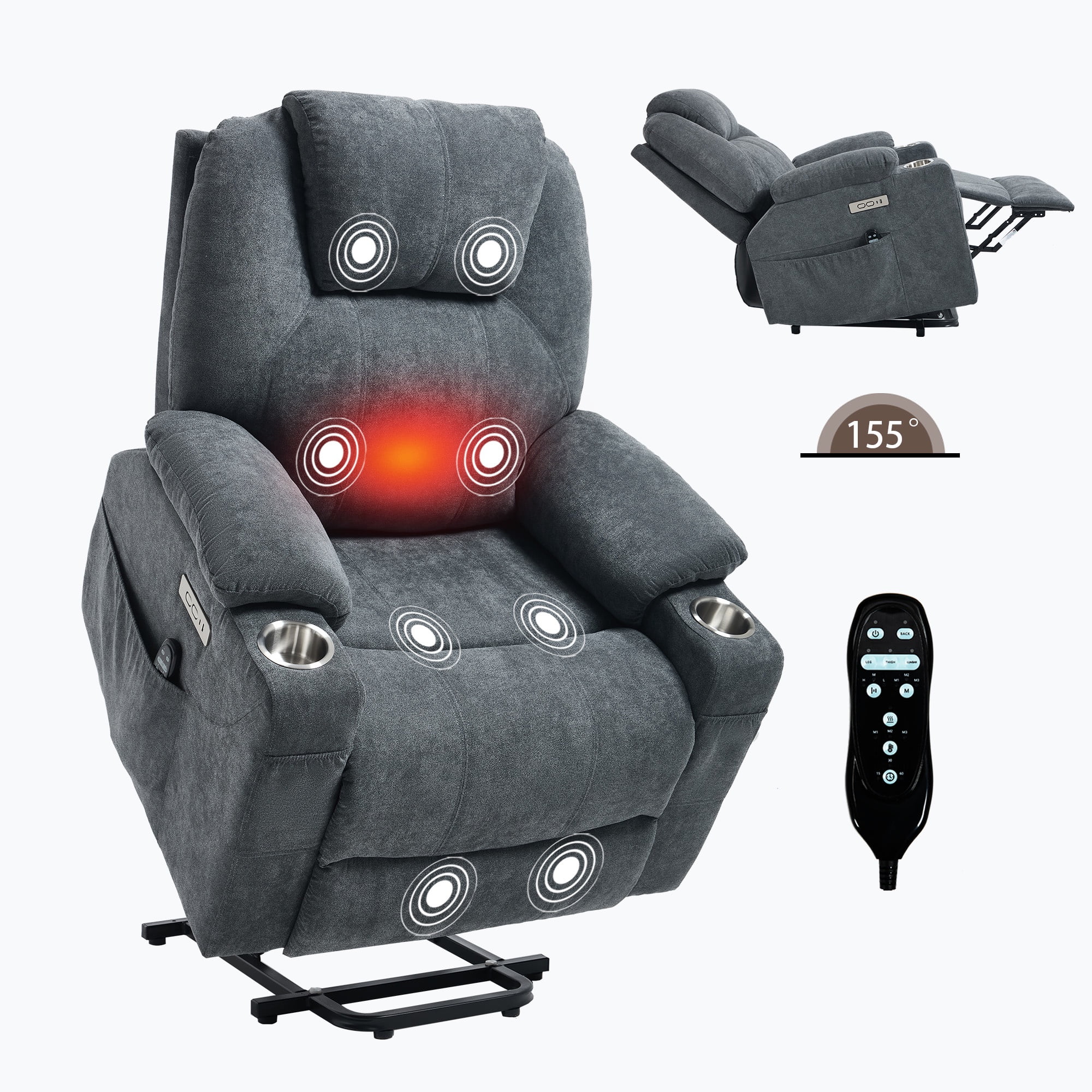 Chenille Power Lift Recliner Chair for Seniors, Heavy Duty 350 lbs Capacity with 8-Point Massage & Lumbar Heat, USB Type-A/C Ports, Stainless Steel Cup Holders, Living Room Comfort