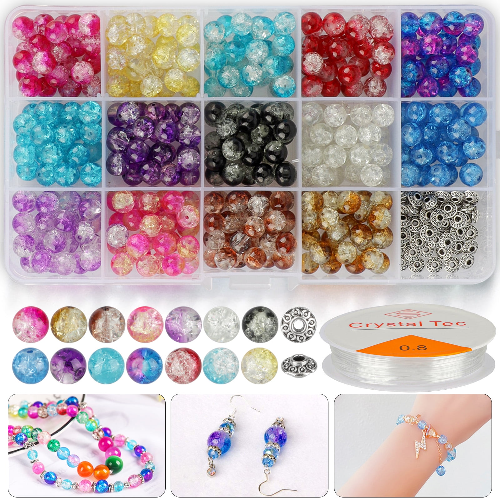 WEWAYSMILE 1500 Pcs Crackle Glass Beads 4mm 6mm 8mm 10mm Round Glass  Assorted Beads 24 Styles Spacer Loose Beads for Bracelets Earring Necklace