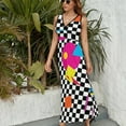 thumbnail image 6 of Retro Classic 1980s Shapes On Black And White Check Womens Night Club Maxi Dress V Neck Sleeveless Bohemia Long Dresses, 6 of 9