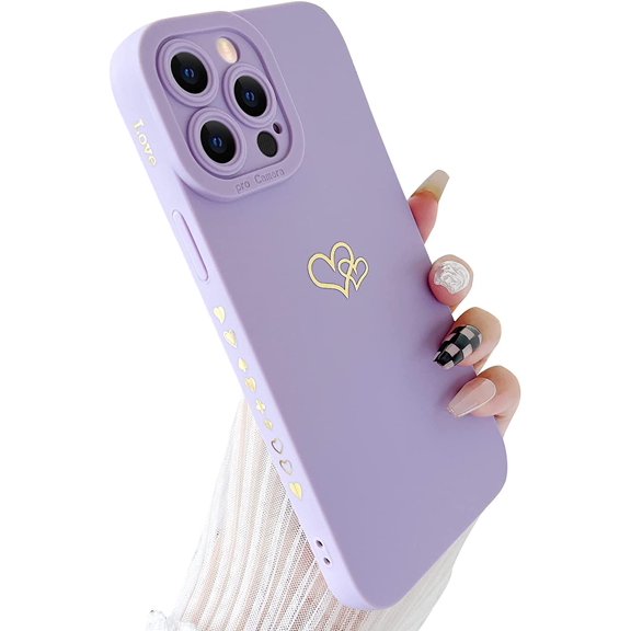 Compatible with iPhone 13 Pro Max Case (6.7" 2021), Plated Luxury Heart Phone Case Cute Side Pattern Soft TPU Shockproof Full Camera Lens Protective Phone Cases for Women Girls - Purple