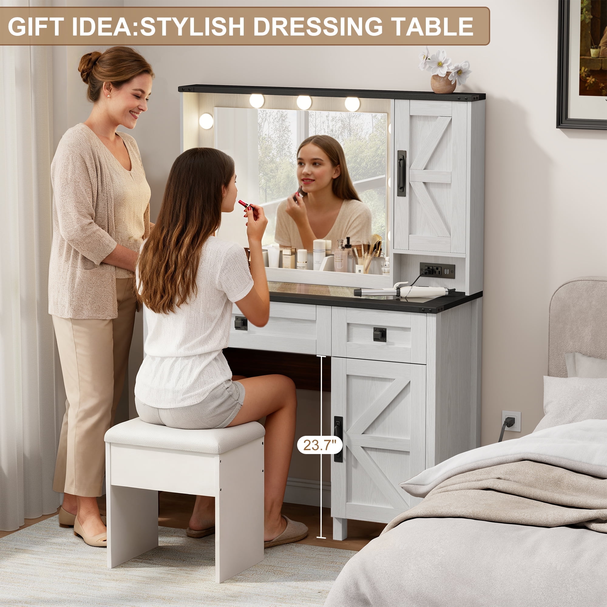 GIKPAL Vanity Set with Mirror & Lights, Get Ready Station Vanity with Storage Drawers & Glass Top, Farmhouse Vanity Desk with Power Strip, White
