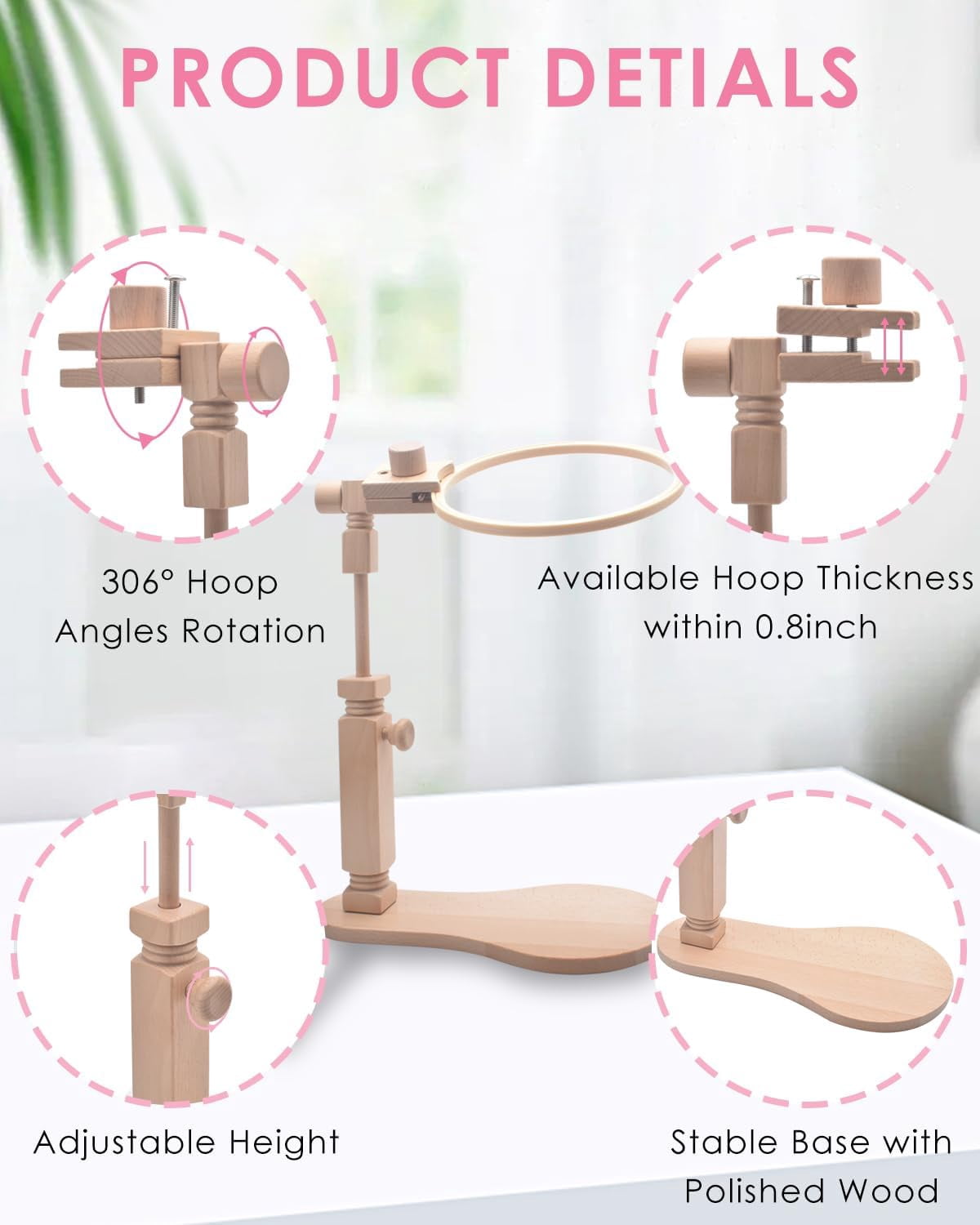 Wood Embroidery Hoop Stand, with 3pcs Embroidery Hoops (3inch + 6inch + 8inch), Adjustable Rotated Wooden Embroidery Hoop Holder for Cross Stitch and Embroidery Projects