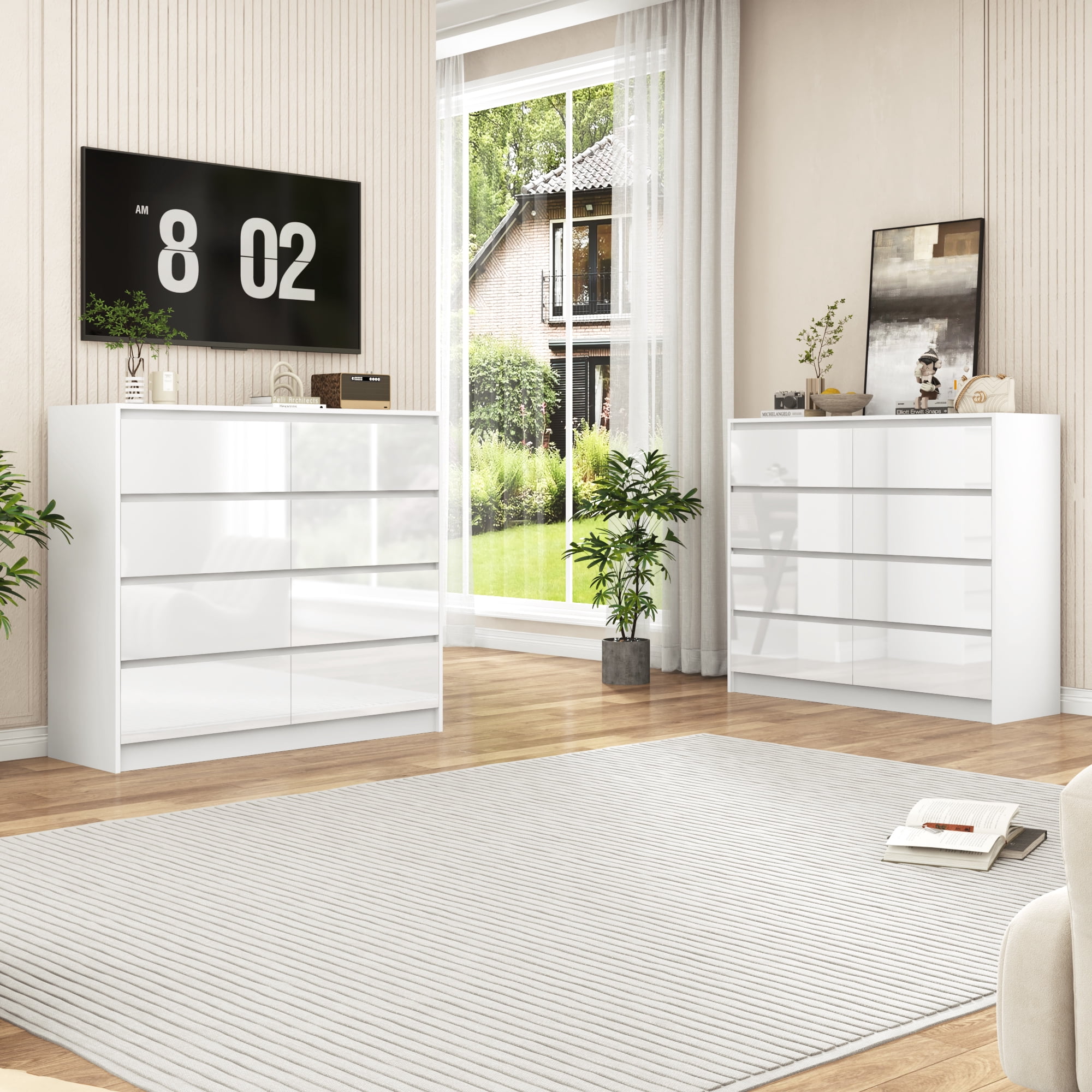 ChVans 8 Drawer Double Dresser for Bedroom, 47" Wide 41" Tall Modern High Gloss White Dresser with Wood Chest of 8 Drawer Handle Free for Bedroom, Living Room, Entryway, Hallway