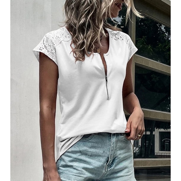 Camisa de encaje con cremallera de manga corta,Blusa de encaje con cremallera de manga corta con cuello en V con cremallera para mujer Top de manga corta de encaje con cuello en V Ultra sensible