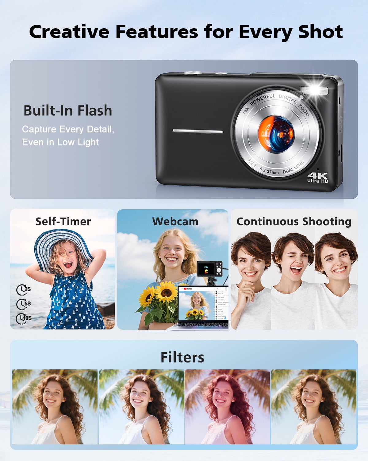 64MP Digital Camera, 4K Autofocus Compact Camera with LED Flash, 16X Zoom, IPS Screen, 256GB TF Card Support, Easy-to-Use for Kids, Teens & Adults（Black）