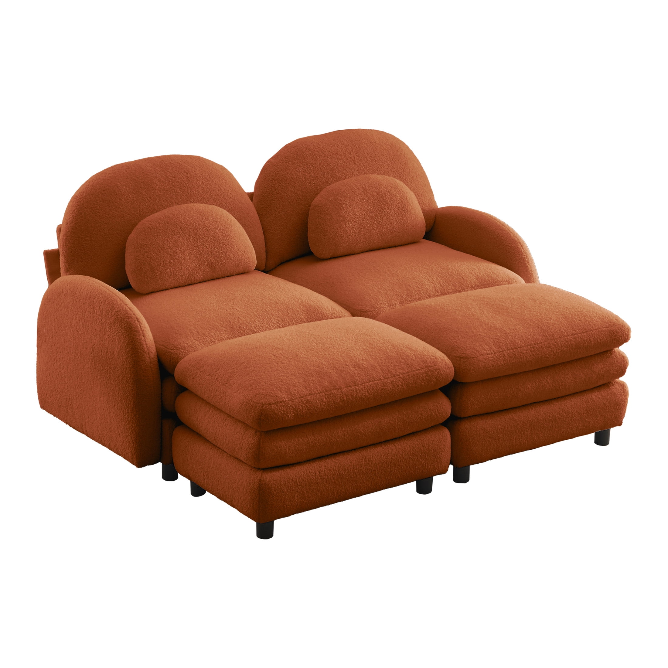 Noble House Windsor Teddy Fabric 2-Seater Sectional Sofa, Modular Cloud Couch with 2 Ottomans and Lumbar Pillows, Orange