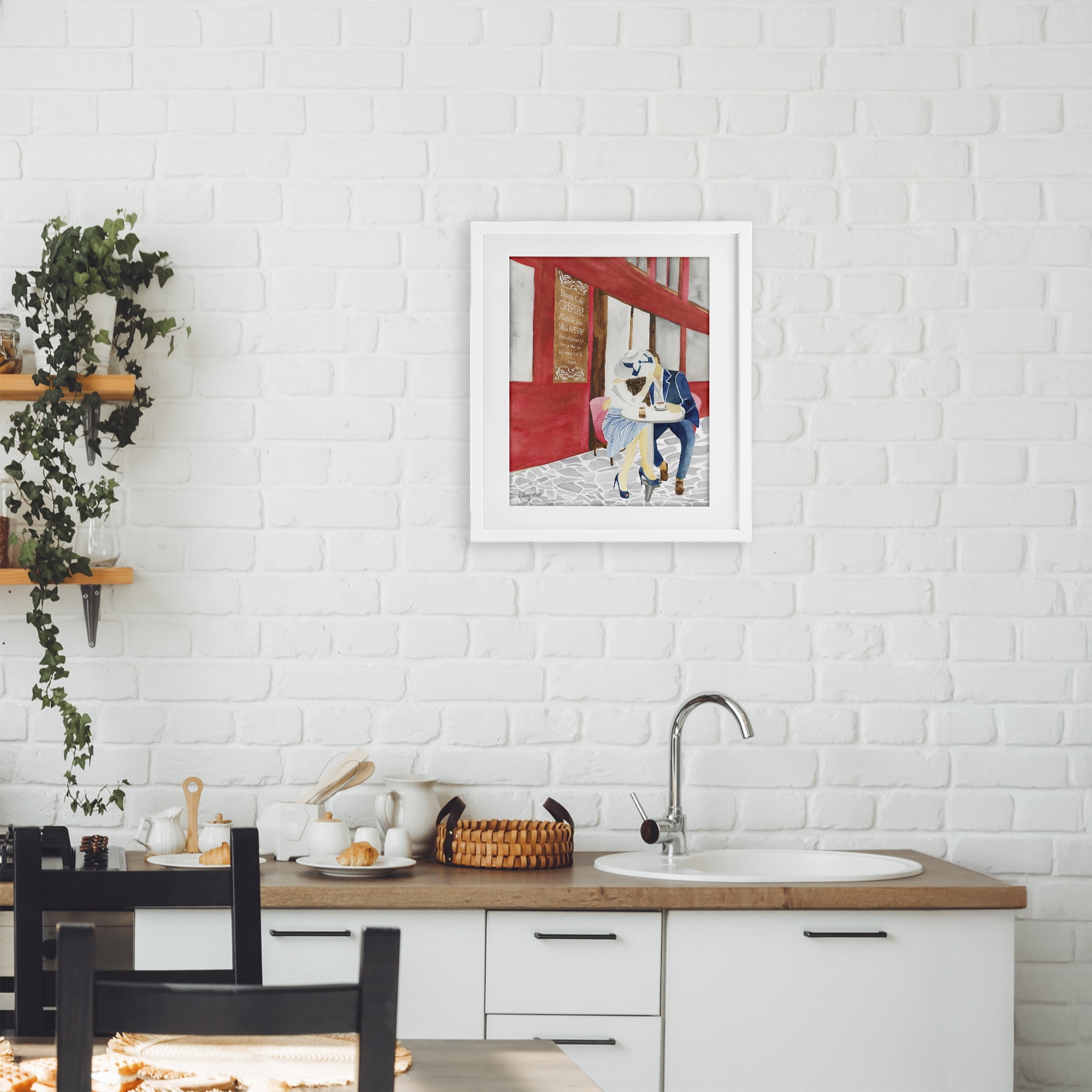 Stupell Industries Kiss At Parisian Cafe White Framed Print Under Glass, design by Hillary Holt