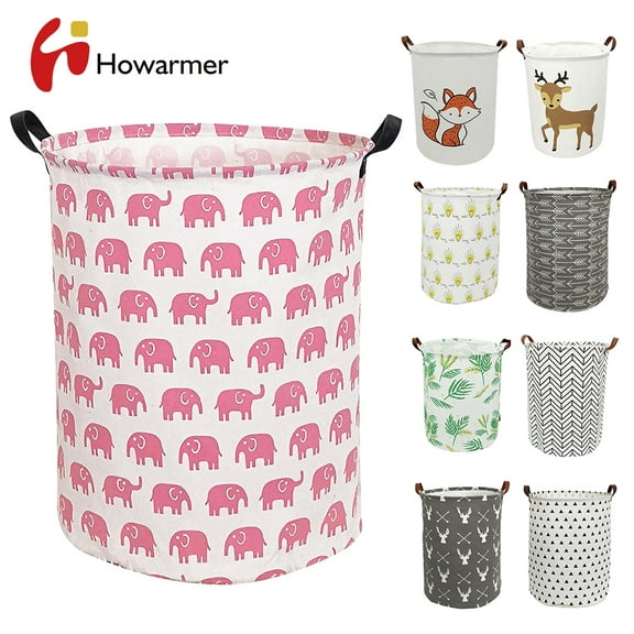 Round Laundry Basket, 19.7" Baby Storage Basket for Girls, Waterproof Large Canvas Laundry Hamper for Nursery Clothes Toys College Dorms Organizer, Pink Elephant