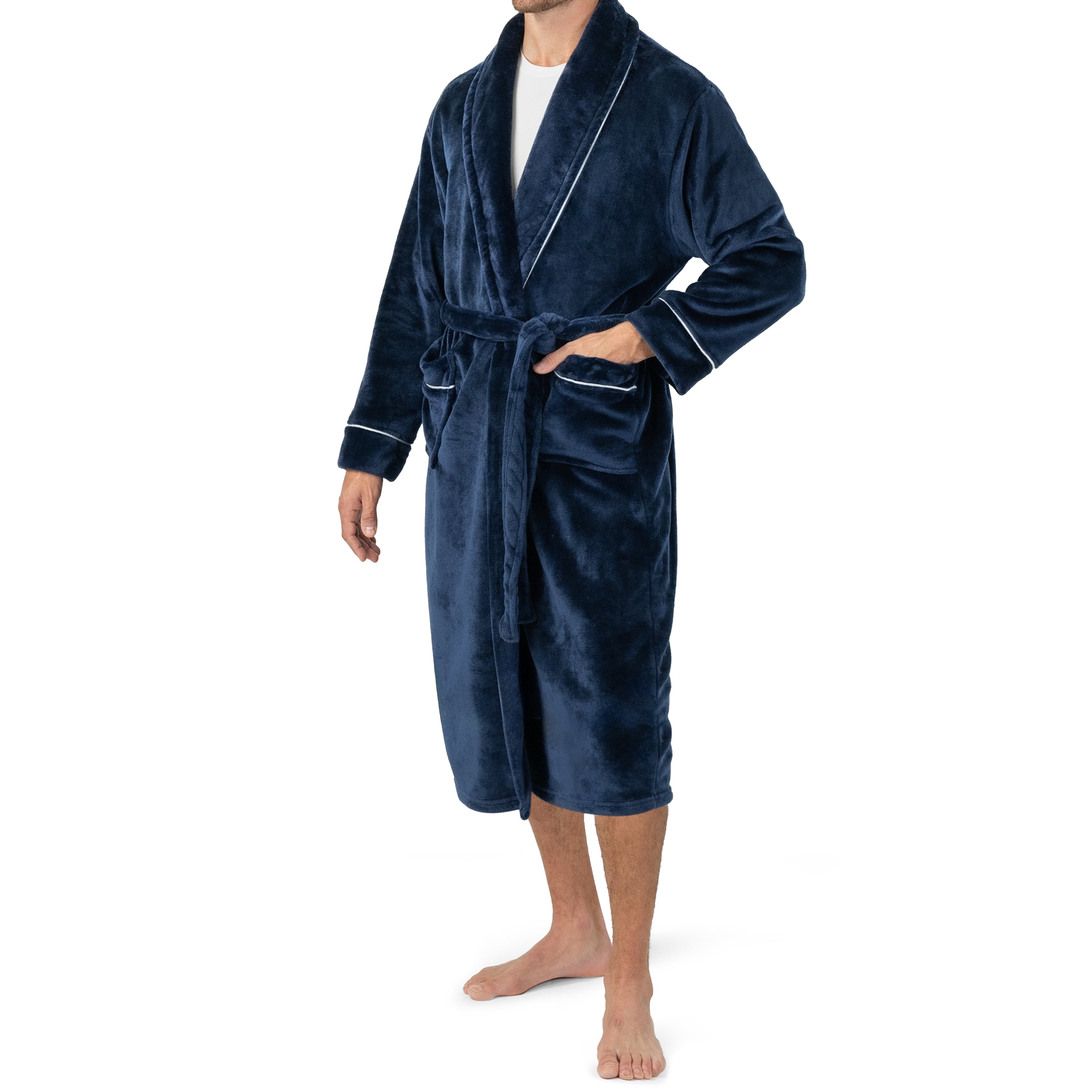 Mens Soft Robe, Plush Warm Bathrobe for Men, Long Spa Robe with Shawl Collar, Pockets, Trim Piping (Navy Blue)
