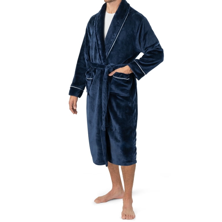 Pavilia Men's Fleece Bathrobe with Trim Piping, Navy Blue photo 2