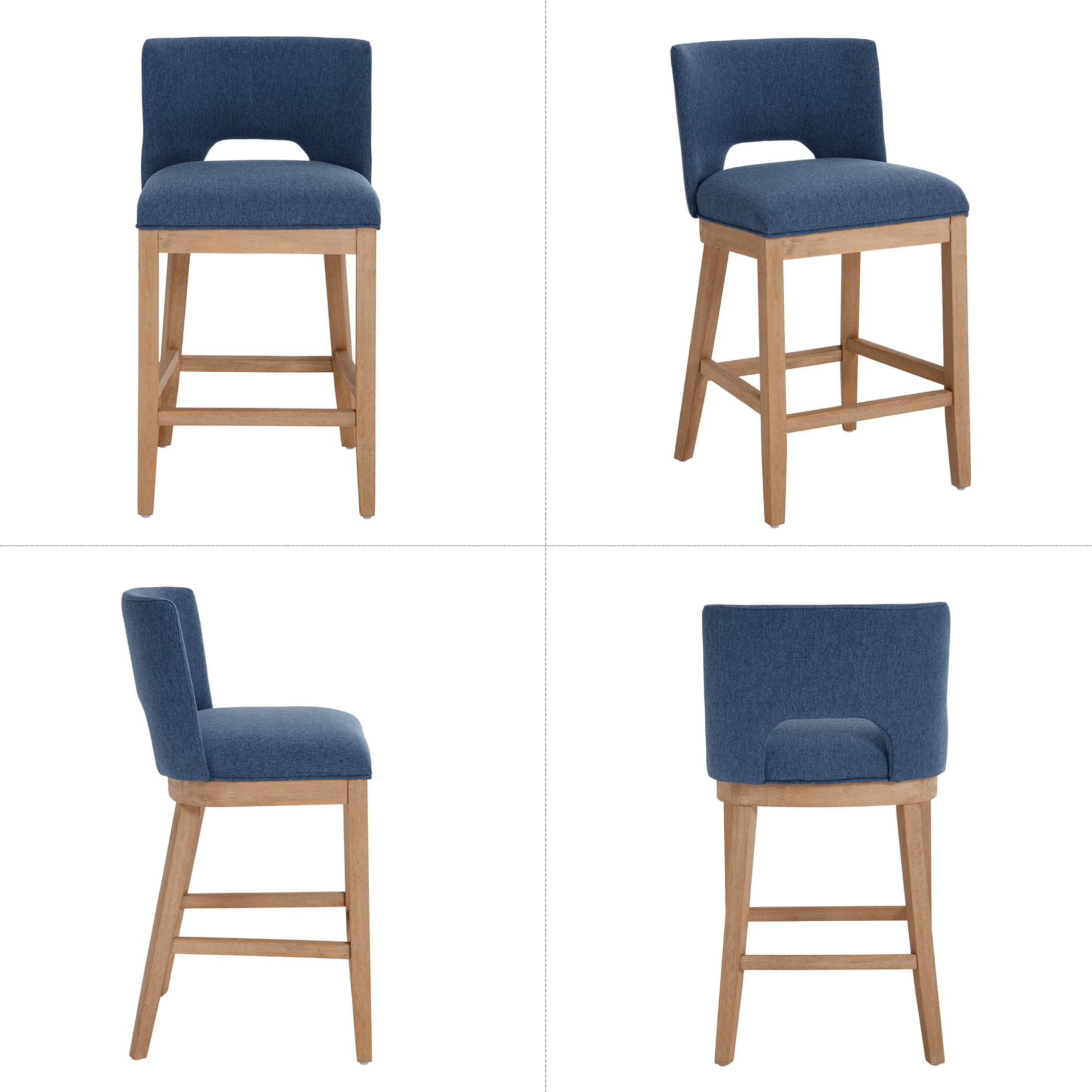 Guyou Linen Bar Stools Set of 2, 26" Modern Counter Height Barstools, Farmhouse Wooden Kitchen Island Chairs with Open Back for Restaurant Kitchen Bar, Blue