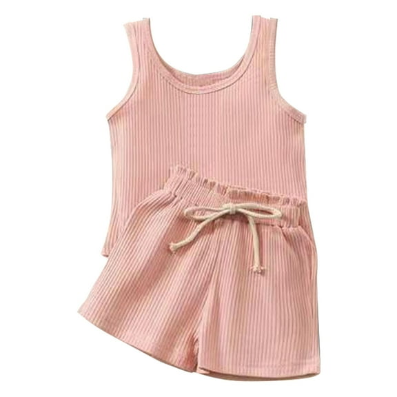 KDSJSXW Girls Clothing Summer Boys And Girls Solid Color Sleeveless Round Neck T Shirt Casual Tie Shorts Two Piece Suit Kids Clothes Girls Girls 10-12 Summer Outfits Girl Summer Outfits(Pink,90)