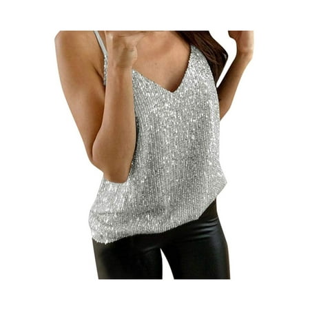 

Lajitongtong Women Sequin Camisole V-neck Sleeveless Backless Spaghetti Strap Cami Tops