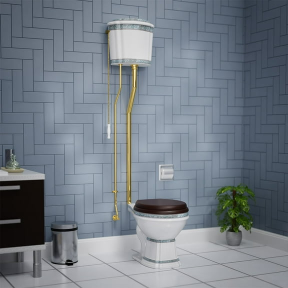 High Tank Pull Chain Toilet Porcelain White China Finish w/Brass L Pipe and Elongated Bowl High Tank Toilet Renovator's Supply
