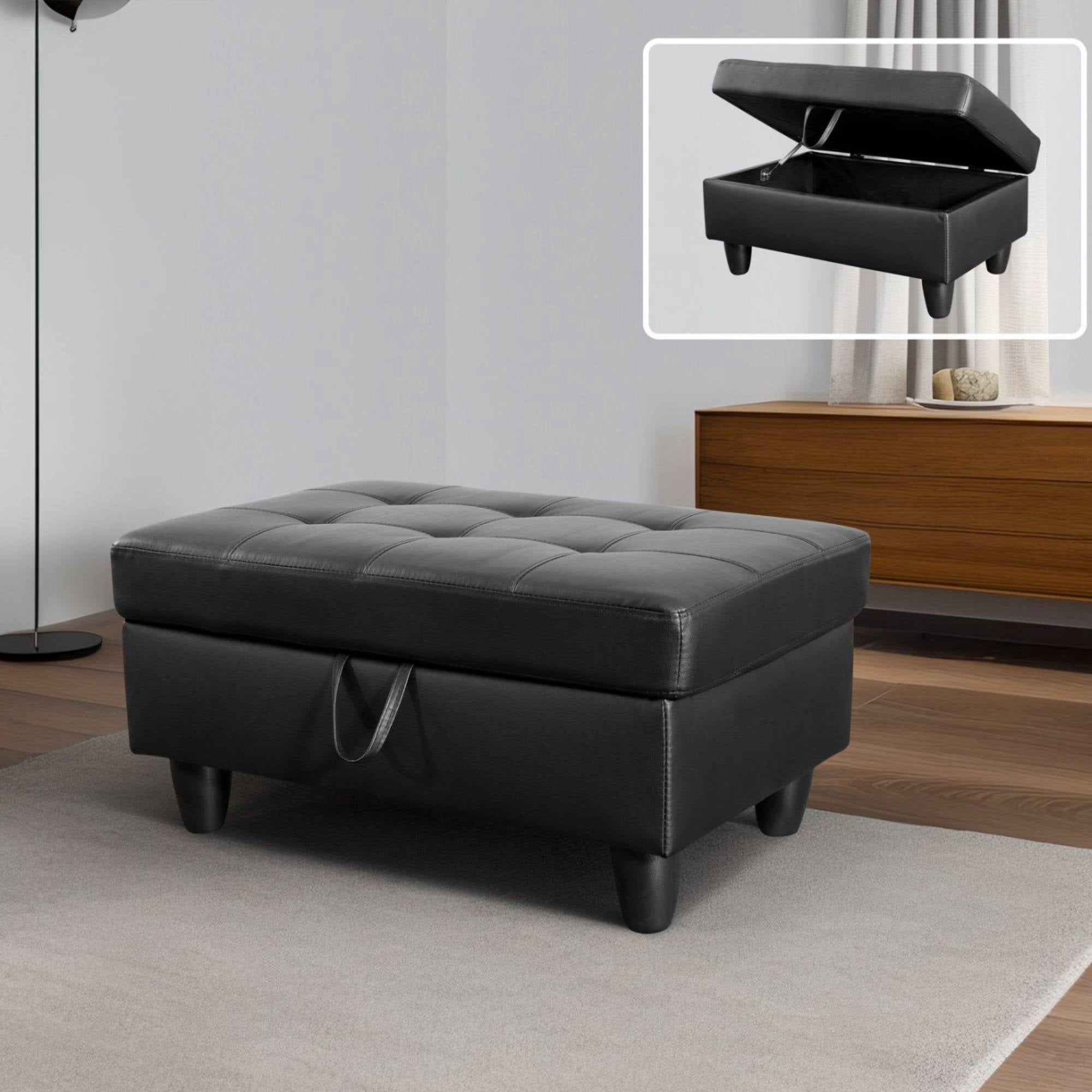 Leather Storage Ottoman, Folding Foot Stool with Storage Button Tufted Ottoman Bench for Living Room,Black