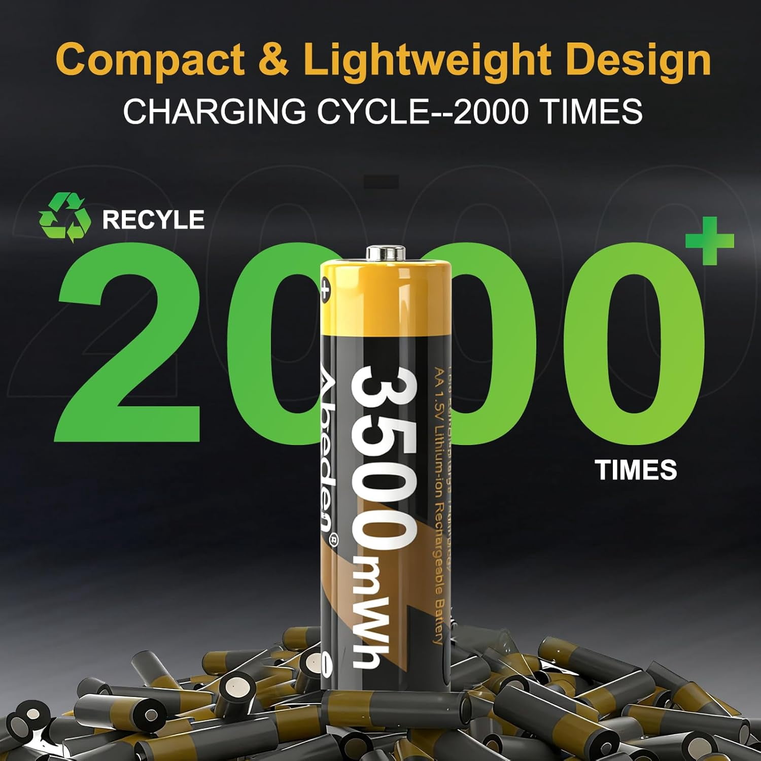 Abeden Rechargeable AA Batteries with Fast Charger, 4Pack 3500mWh 1.5V Lithium Double A Batteries,High Capacity,2000+ Cycles Long-Lasting,Black