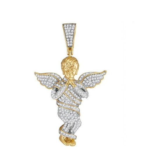 10K Yellow Gold Mens Diamond Praying Angel Wings Necklace Pendant 7/8 Ctw.