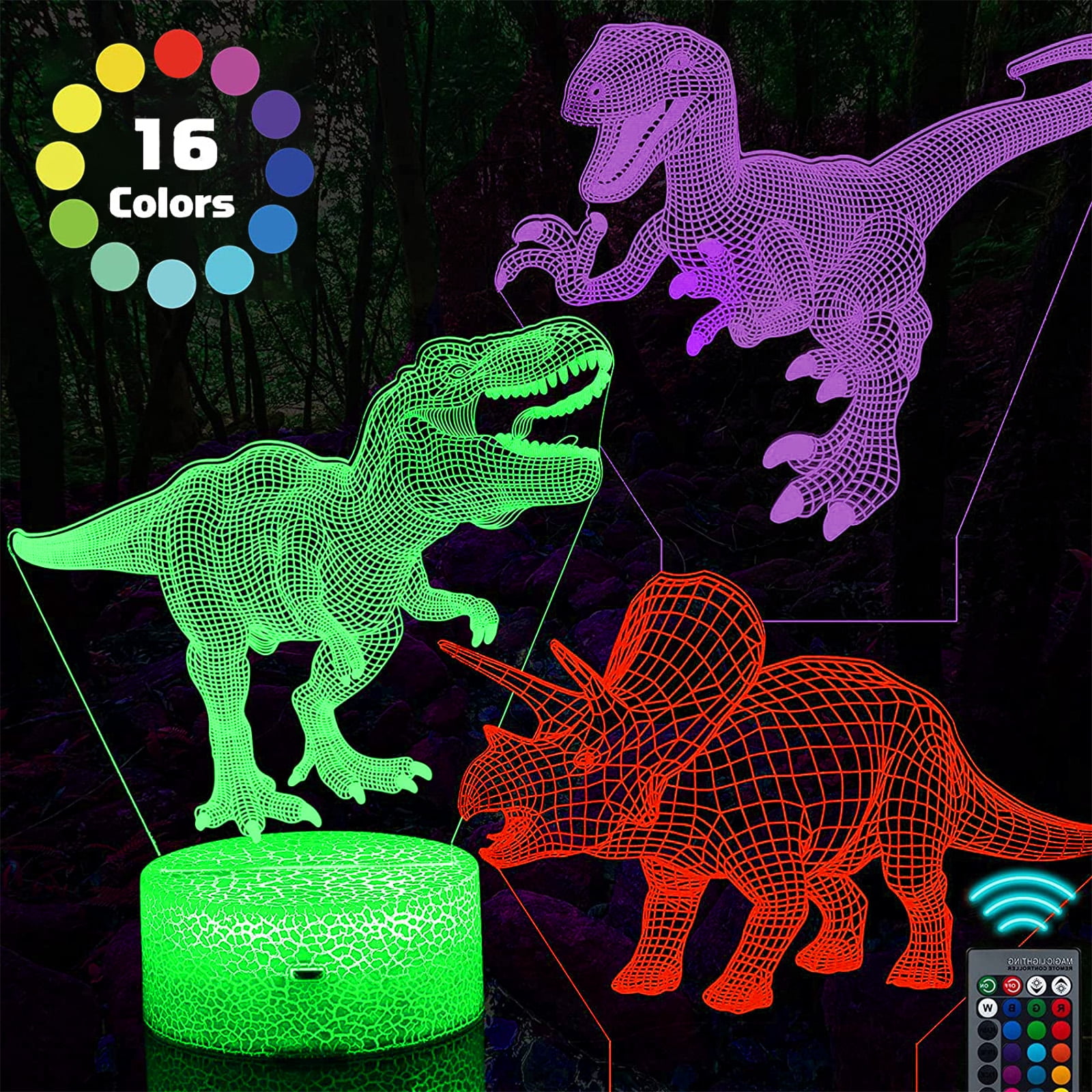 VSATEN 3D Illusion Lamp 3-Pattern & 16 Colors 3D Dinosaur Night Light for Kids 