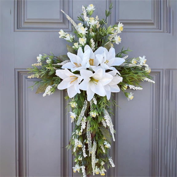 HaCpiu Lily Cross Wreath for Front Door, 19.6" White Easter Cross Floral Door Swag, Spring Decoration for Outdoor, Living Room & Wall Decor