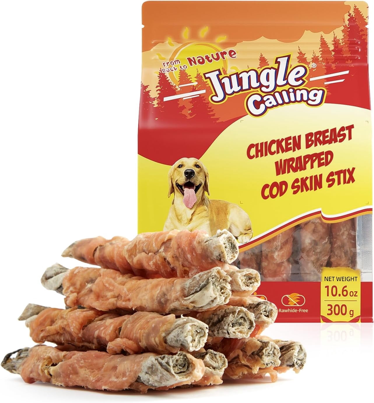 (4 pack) Jungle Calling Dog Treats, High Protein Dog Chewy Treats Healthy Teeth and Coat, Chicken Wrapped Cod Skin Sticks, Rawhide Free Cod Fish Skin Treats for Dogs, 10.6 oz