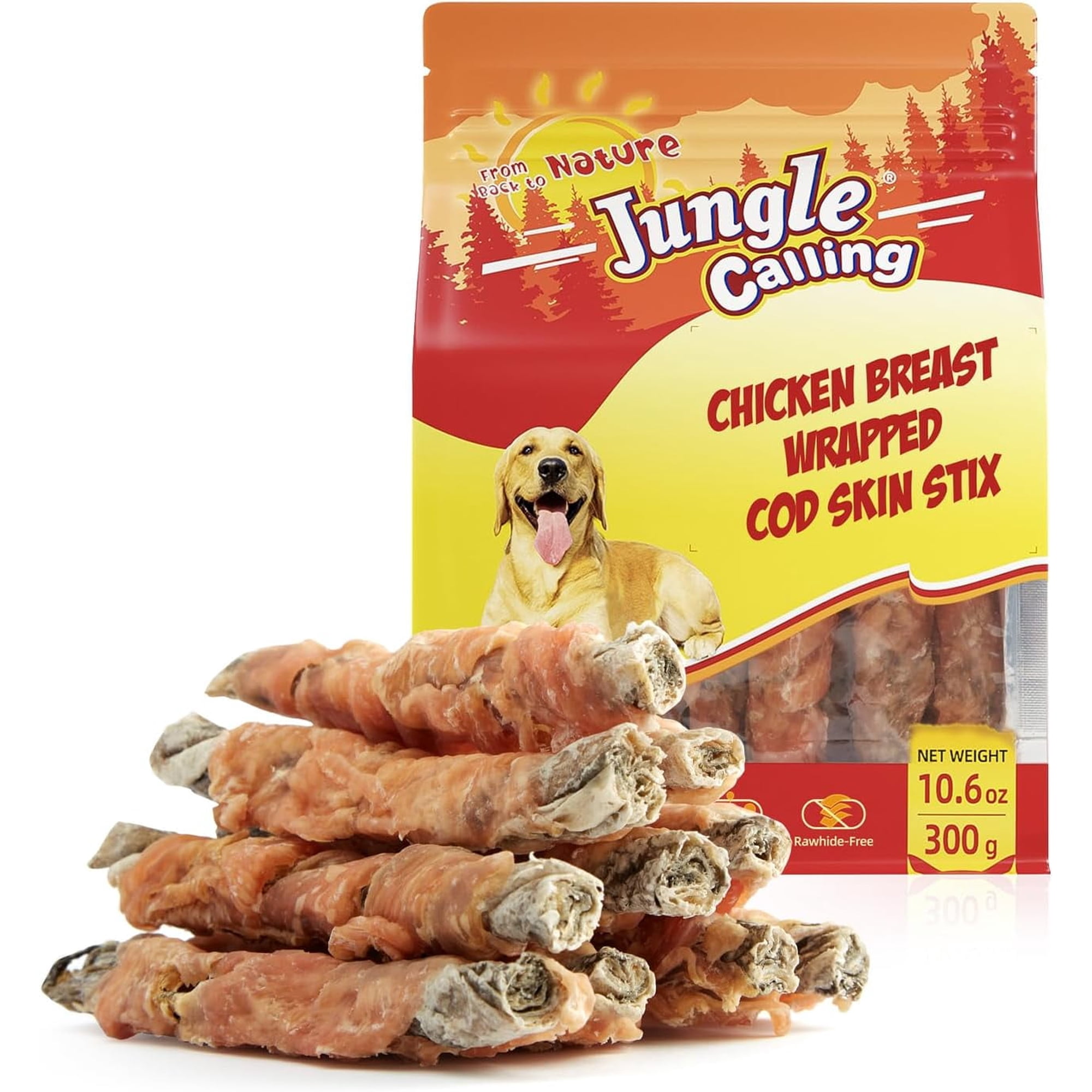 Jungle Calling Dog Treats, High Protein Dog Chewy Treats Healthy Teeth and Coat, Chicken Wrapped Cod Skin Sticks, Rawhide Free Cod Fish Skin Treats for Dogs, 10.6 oz