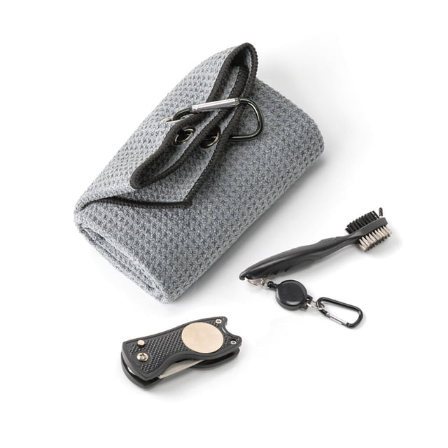 3Pcs Golf Towel and Club Cleaning Brush Kit Simple Operation Divot Repair Tool with Ball Marker Golfer Set Accessories Gray