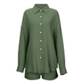 thumbnail image 6 of JIAYUE Women 2 Piece Outfits Sets Solid Color Lapel Long Sleeve Casual Linen Blend Poplin Shirt And Shorts Button Ladies Stylish Clothing Set, 6 of 7