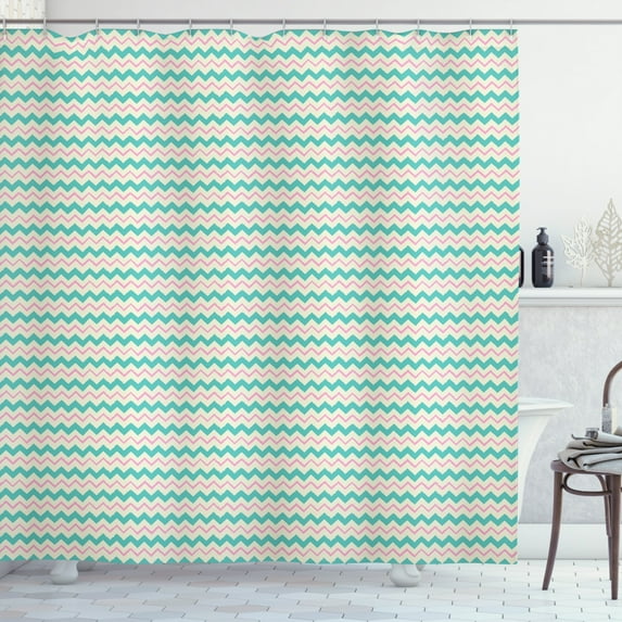 Chevron Shower Curtain, Zigzag Stripes with Pastel Colors Hand Drawn Geometric Illustration, Fabric Bathroom Set with Hooks, 69W X 84L Inches Extra Long, Turquoise Pink and Ivory, by Ambesonne