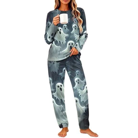 Fewfanhot Womens Pajamas Halloween Pajama Set Crew Neck Pjs Long Sleeve Loungewear Pajamas Plus Size Sleepwear