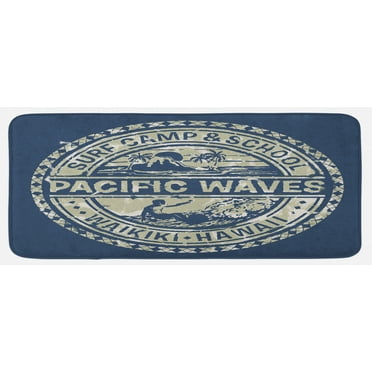 Modern Kitchen Mat, Pacific Waves Surf Camp and Hawaii Logo Motif Effects Design, Plush Decorative Kitchen Mat with Non Slip Backing, 47" X 19", Khaki Slate Blue, by Ambesonne