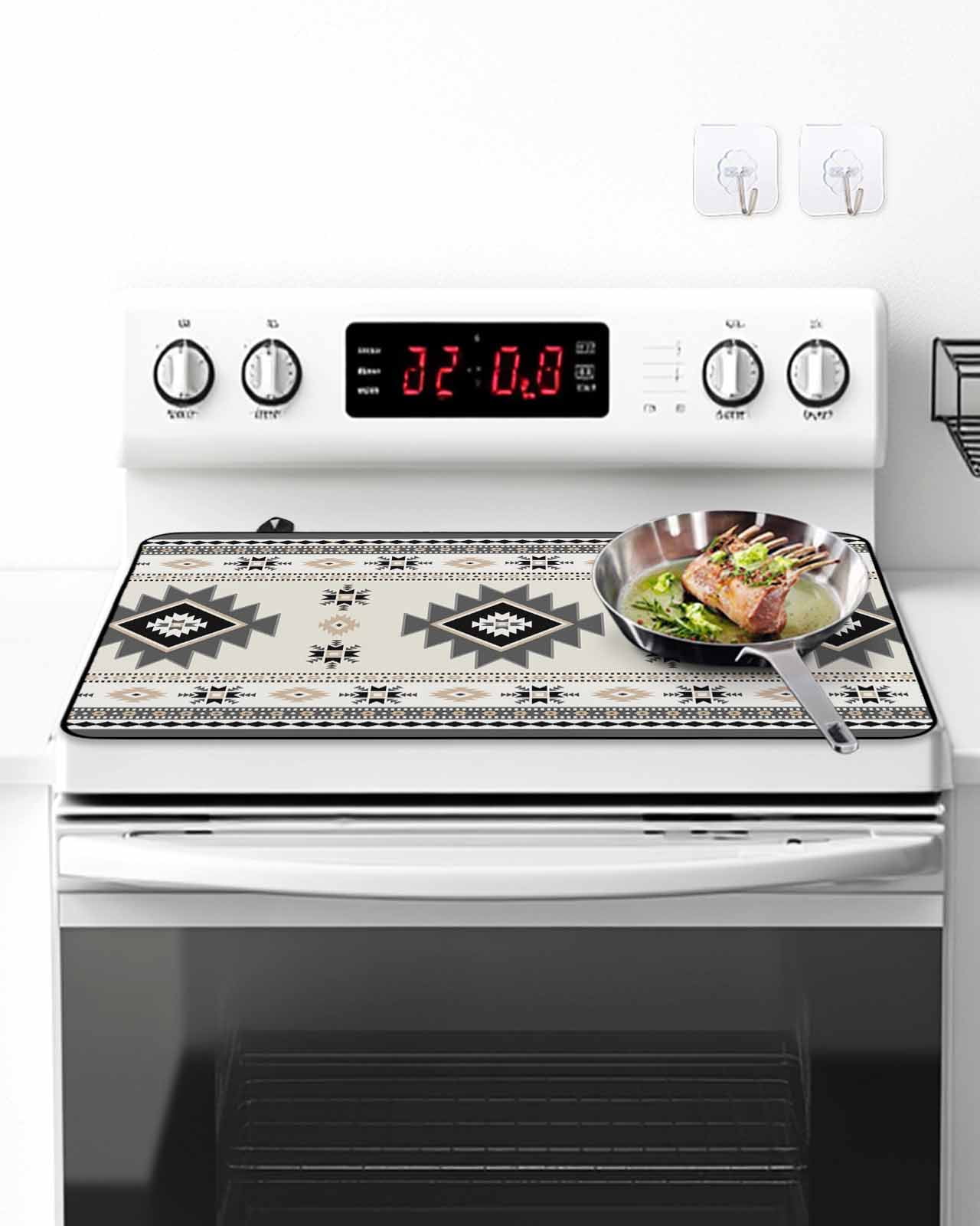 Stove Top Covers for Electric Stove, Gray Beige Boho Glass Stovetop Cover Protector, Ethnic Tribe Southwestern Vintage Induction Cooktop Protector Oven Mat for Kitchen Countertop 24"x21"