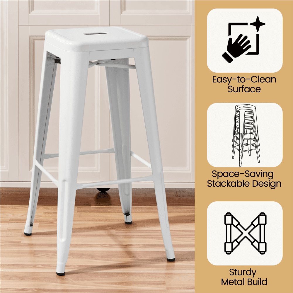 Alden Design Industrial Metal 30" Stackable Backless Bar Height Stools, Set of 4, White