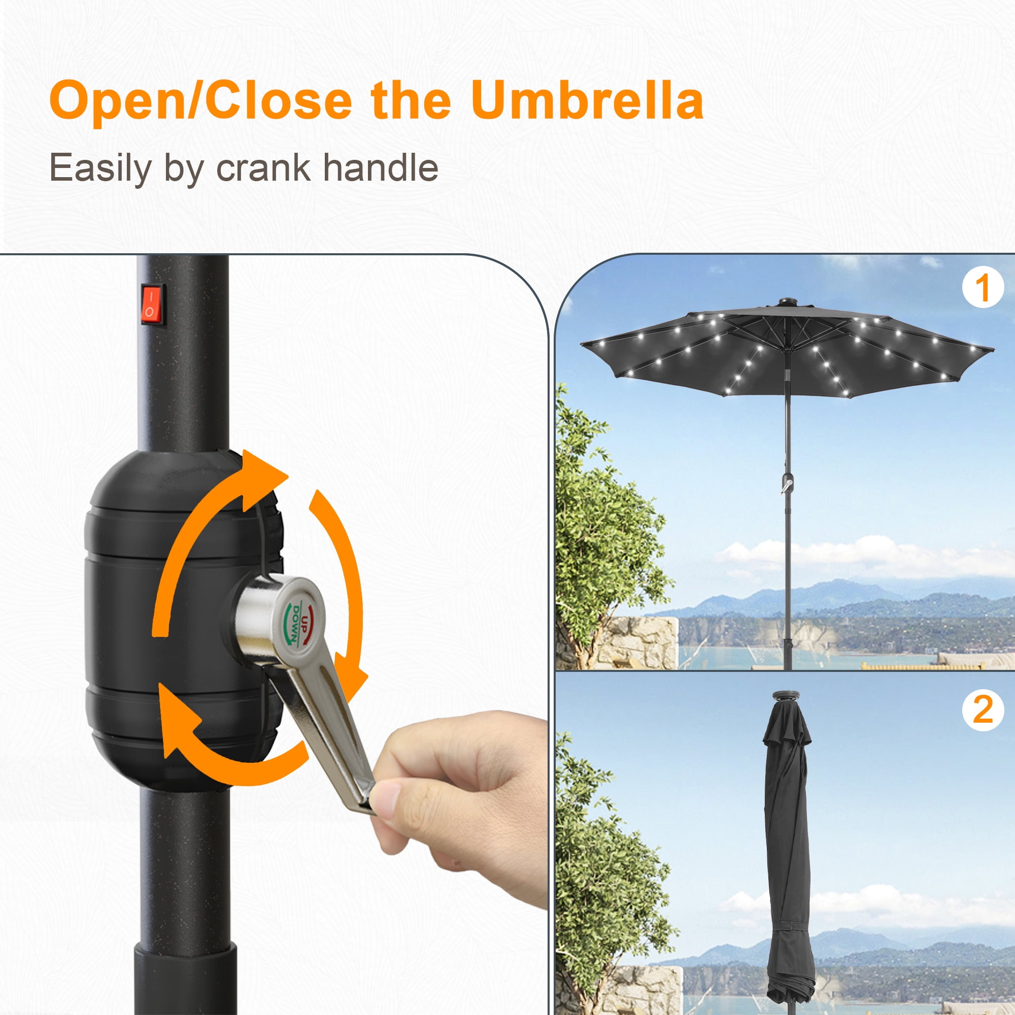 ACEGOSES 9ft LED Outdoor Patio Deck Solar Light Umbrellas w/ Tilt,Crank and 8 Ribs,Black