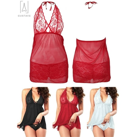 

Gustavedesign Women s Plus Size Lace Lingerie Underwear Sleepwear Dress Babydoll Nightwear V Neck Halter Chemise Pajamas Red XL