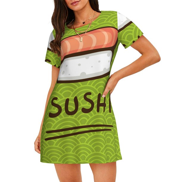 Disketp Fresh Sushi para Camisón Corto de Manga Corta para Mujeres, Camisón Cómodo con Escote Redondo, Bonito y Confortable