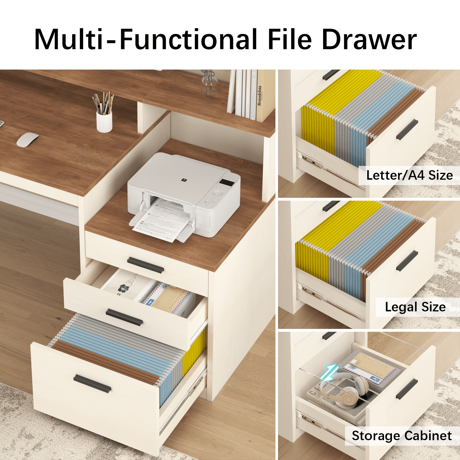 65 Inch Computer Desk with 3 Drawers & Storage Shelves, Executive Desk with File Drawer & Cabinet, Home Office Desk with Long Monitor Stand & Printer Shelf, Antique White
