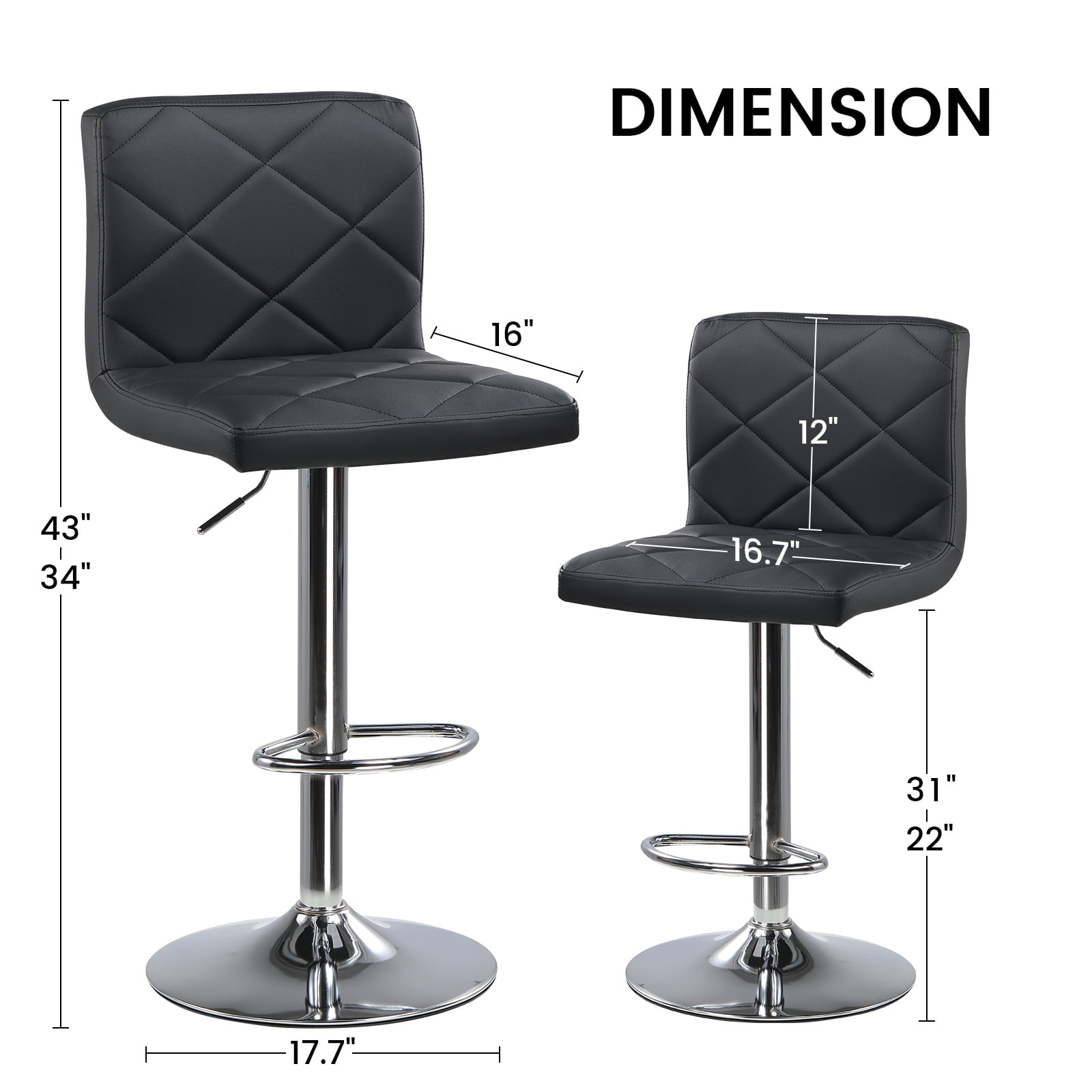 COMHOMA Bar Stools, Modern PU Leather Swivel Adjustable Hydraulic Bar Stool with 16.1” Wide Base, Height Adjustable Counter Stool Set of 2, Black