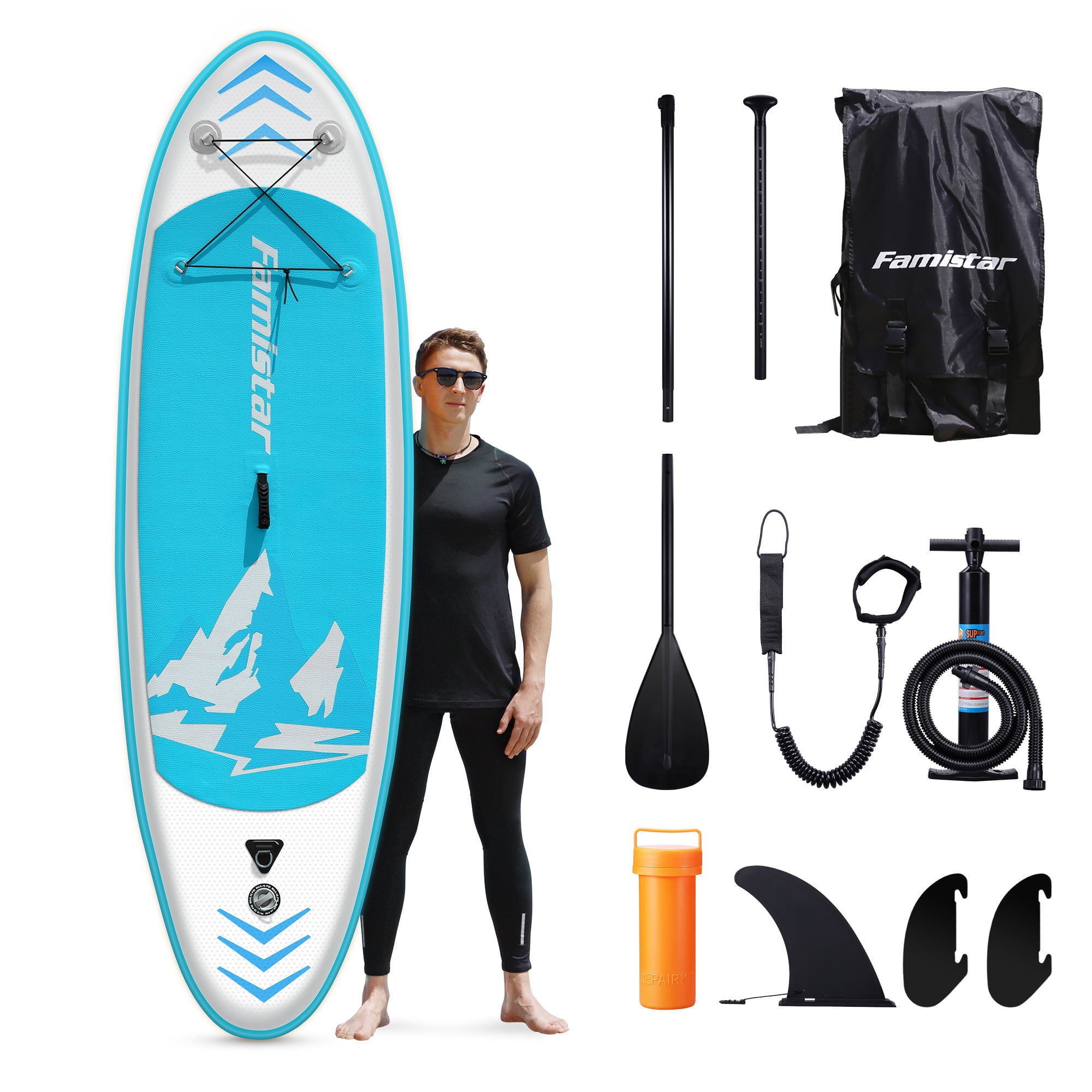 Famistar 8 Ft. 7 In. Inflatable Stand Up Paddle Board SUP with 3 Fins, Adjustable Paddle, Pump & Carrying Backpack