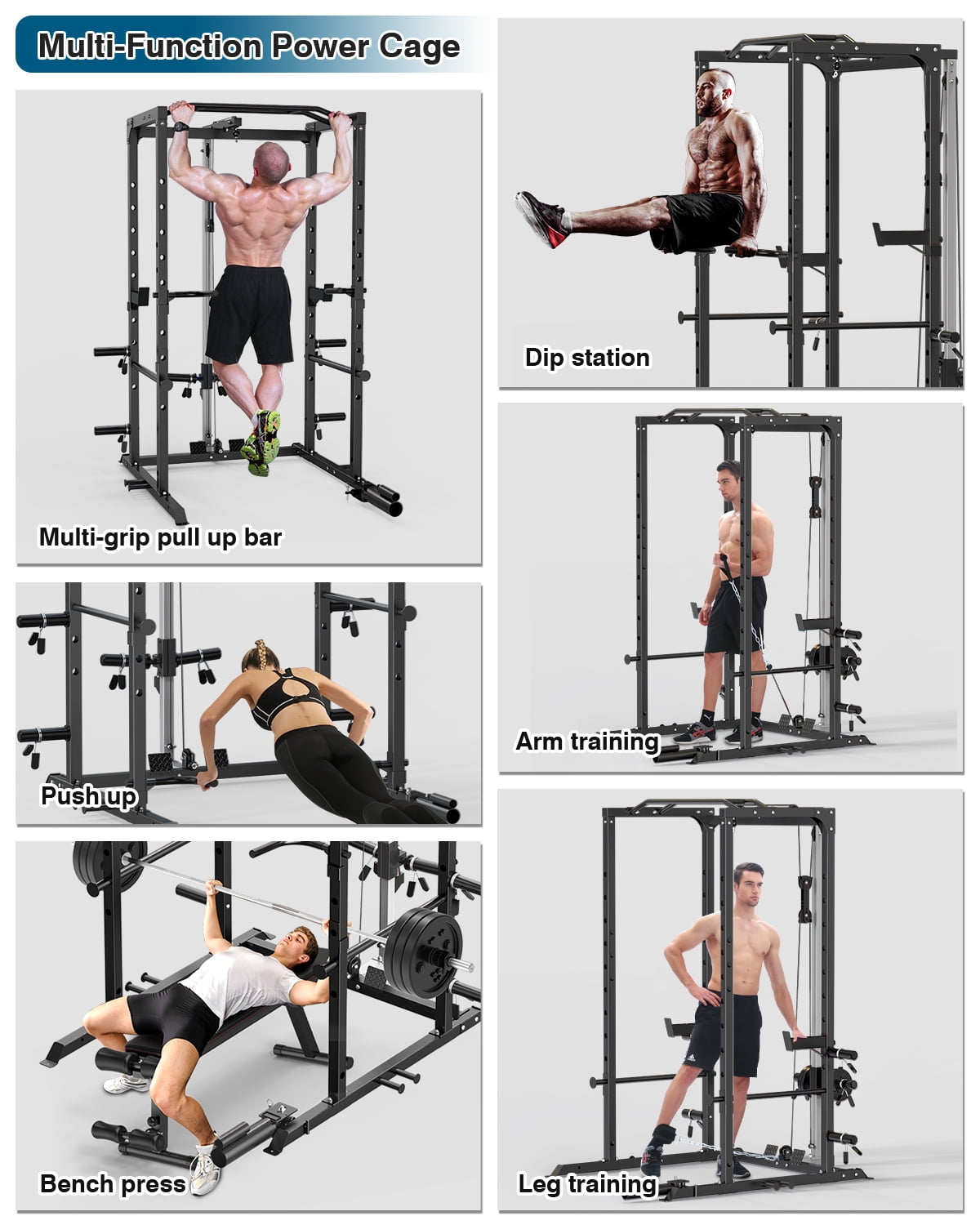 ULTRA FUEGO Power Cage, Multi-Functional Power Rack with J-Hooks, Dip Handles, Landmine Attachment and Optional Cable Pulley System for Home Gym,BLK