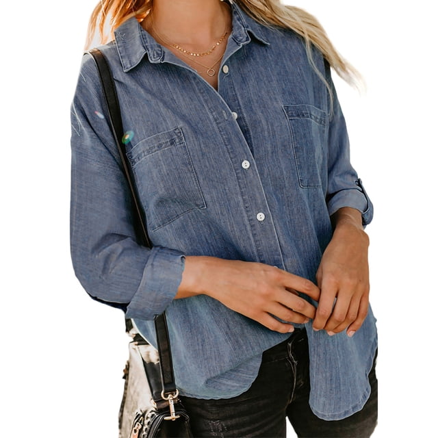 Txlixc Blusa vaquera de moda femenina, solapa de color sólido, botón de manga larga, blusa vaquera suelta Txlixc moda