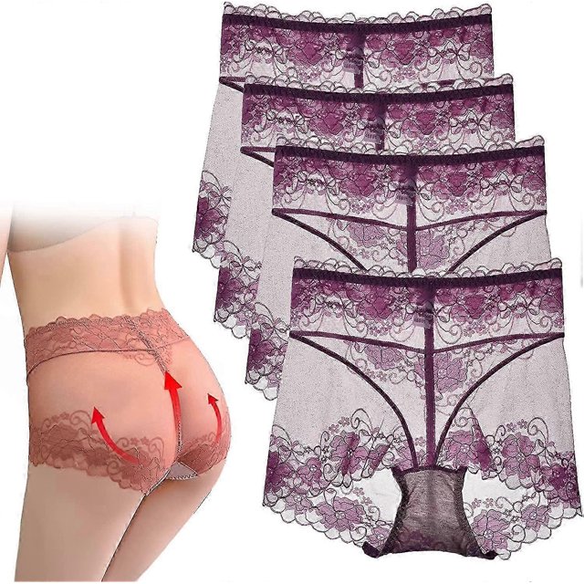 4pcs Mesh See Through Tummy Tucking Hips Lifting Panties,Womens Sexy Lace Panties High Waisted Plus Size Ladies Brief