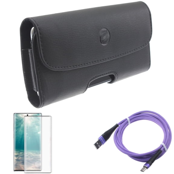 10ft USB Cable & Screen Protector & Case Belt Clip for Samsung Galaxy Note 20 (6.7") - Combo with Purple Type-C & Tempered Glass (Fingerprint Unlock) & Leather Holster