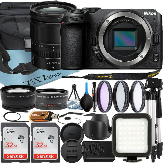 Nikon Z30 Mirrorless Camera with NIKKOR Z 24-70mm f/4 S Lens + 2 SanDisk 32GB Card + Case + Wideangle + Tripod + ZeeTech Accessory Bundle