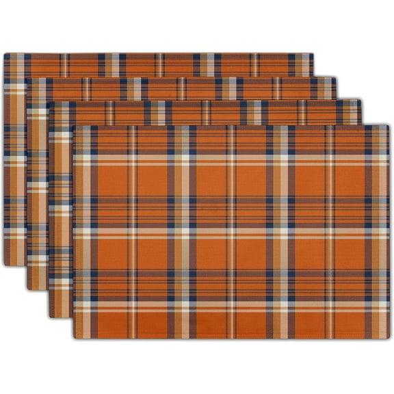 Fall Plaid Placemats Set of 4 Orange Navy Blue Buffalo Plaid Thanksgiving Themed Table Mats Farmhouse Place Mats Washable Linen Placemat for Party Kitchen Dining Decor 12x18 Inch