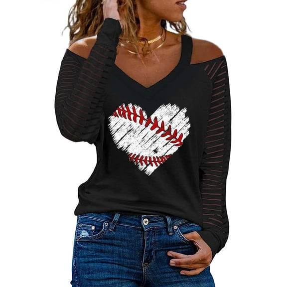 Lilgiuy Fashion Woman V-Neck Long Sleeve T-Shirt Autumn Printing Cold Shoulder Loose Blouse Tops for Weddings Engagements