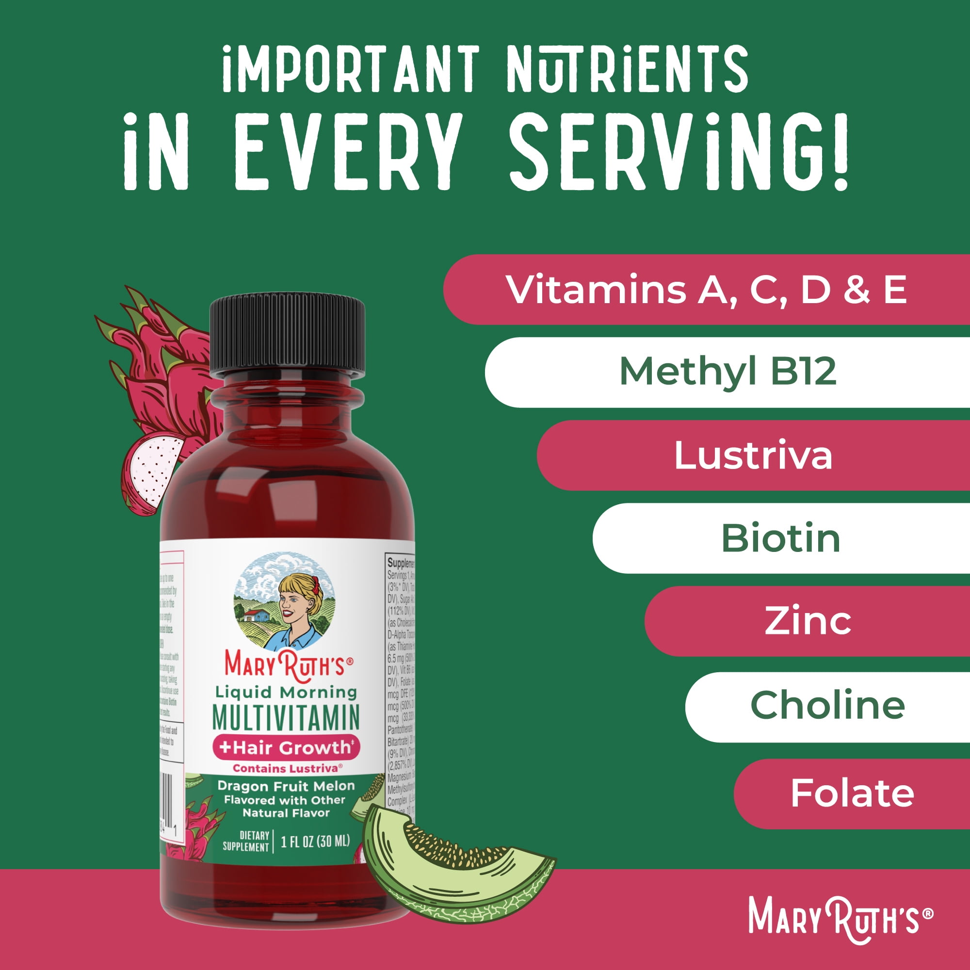 MaryRuth's Liquid Morning Multivitamin + Hair Growth Travel Pack with Lustriva for Thicker Hair, Reduced Wrinkles, Adults Ages 18+, 8-pack, 1 fl oz
