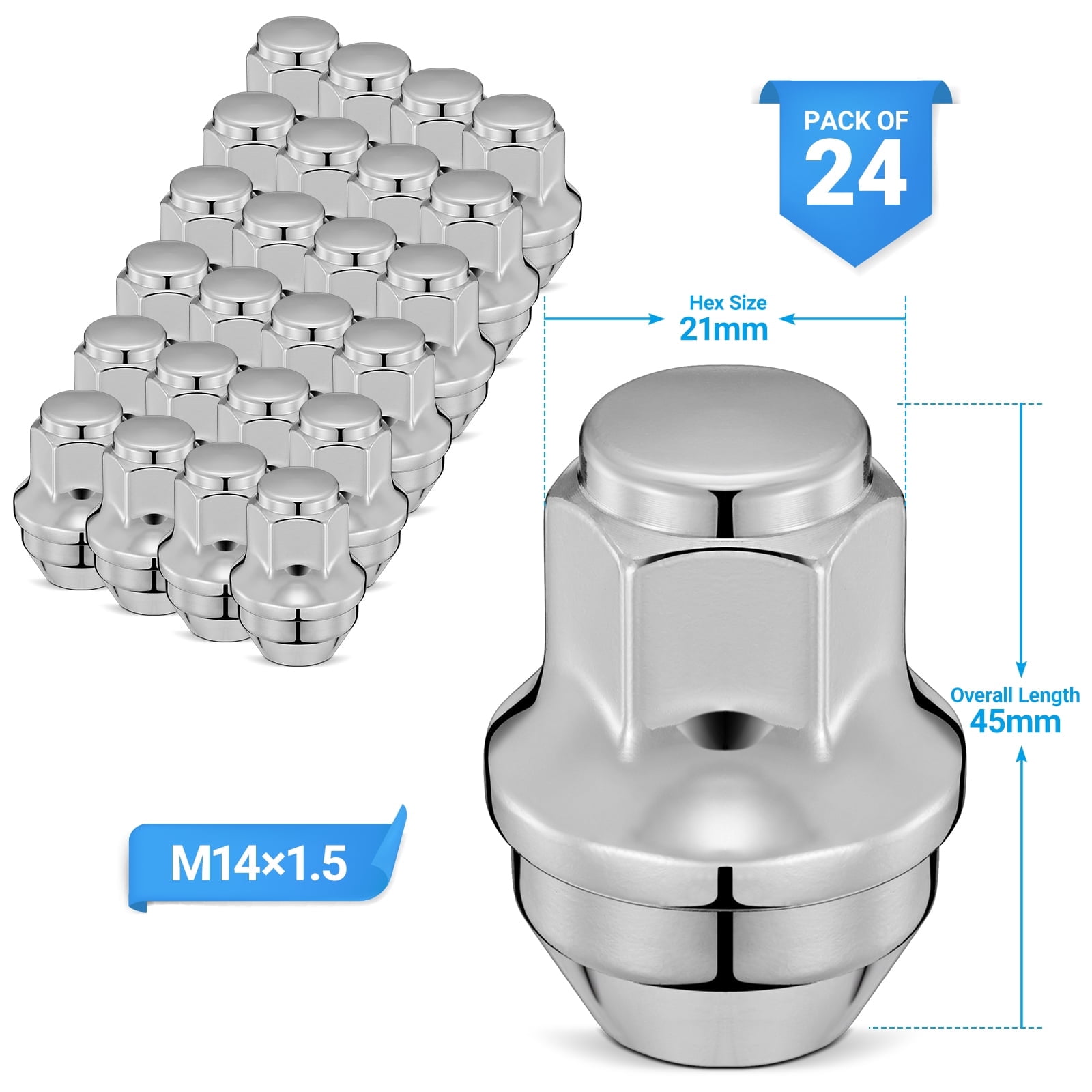 24 Pcs M14x1.5 One - Piece Silver Chrome Closed End Lug Nuts - 13/16" (21mm) Hex, 1.75" (44.5mm) Tall, Cone Seat - Compatible with Ford Expedition & Lincoln MKX